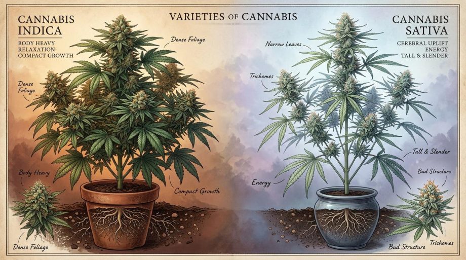 Illustration botanique comparant deux variétés de cannabis et leurs caractéristiques