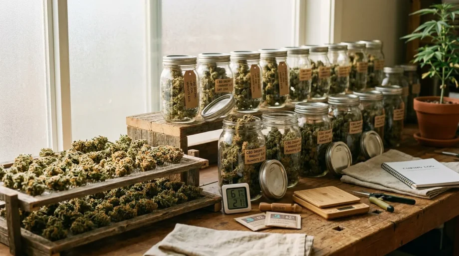 Bocaux étiquetés contenant du cannabis avec équipement de laboratoire