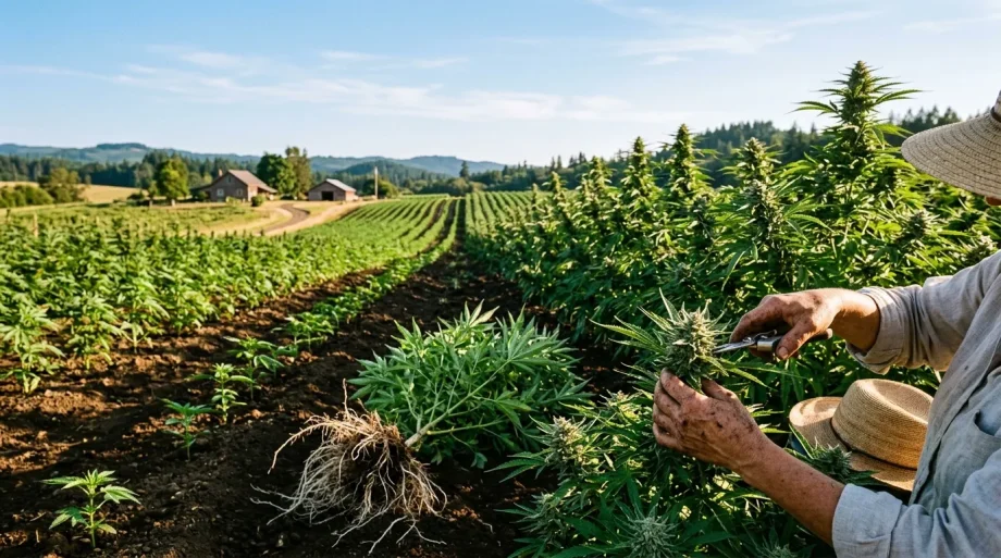 Agriculteur examine plants de cannabis dans champ vallonné