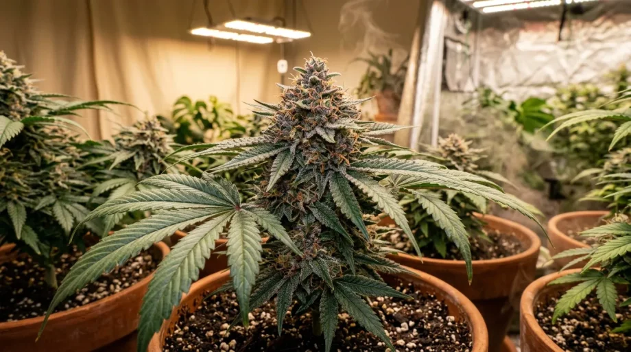 Plantes en pots sous éclairage artificiel en serre
