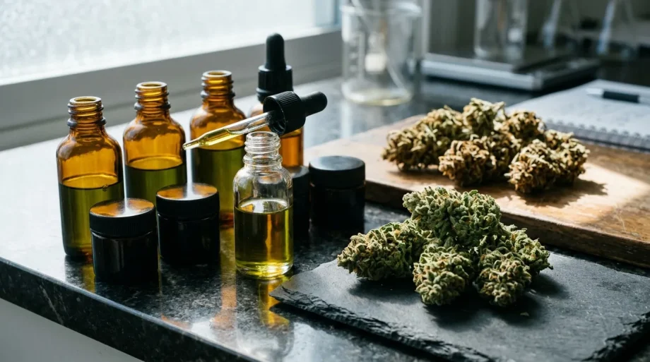 Flacons d'huile avec pipettes et fleurs de cannabis séchées