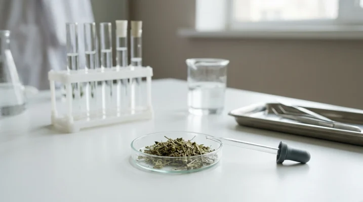 Paillasse de laboratoire claire avec une boîte de Petri contenant des plantes séchées et une pipette