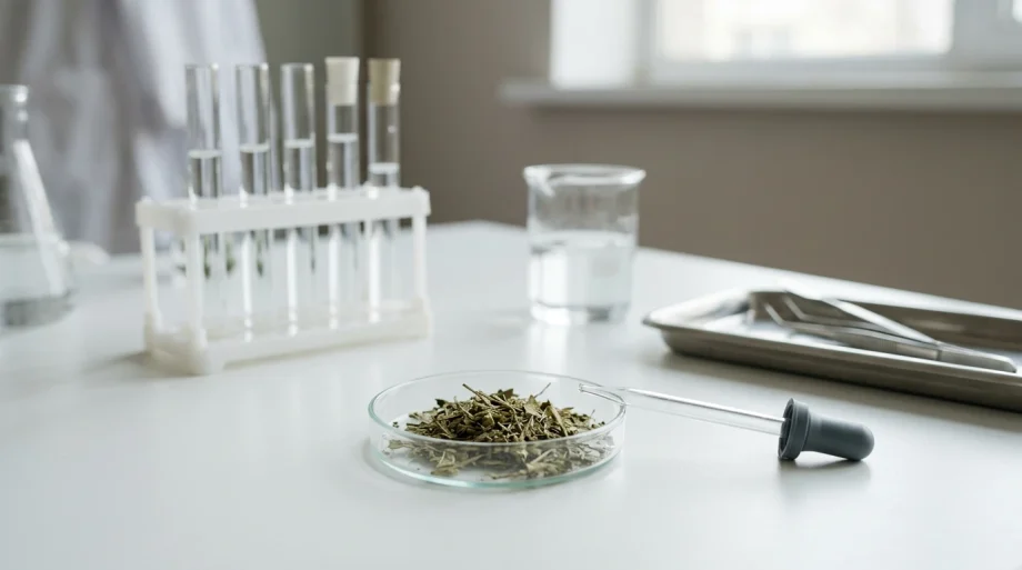 Paillasse de laboratoire claire avec une boîte de Petri contenant des plantes séchées et une pipette