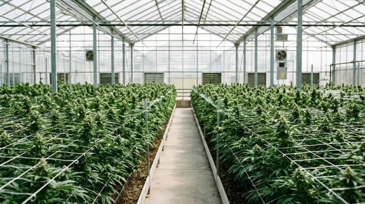 Rangées de plants de chanvre palissés sous filet dans une serre lumineuse