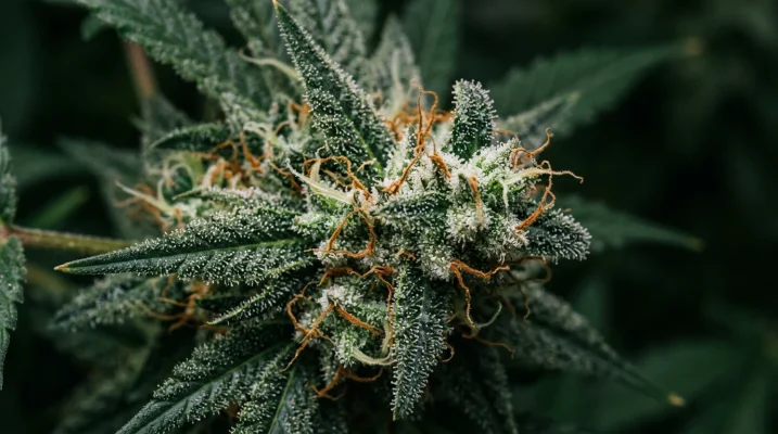 Gros plan sur un bourgeon de chanvre recouvert de trichomes résineux et de pistils orangés